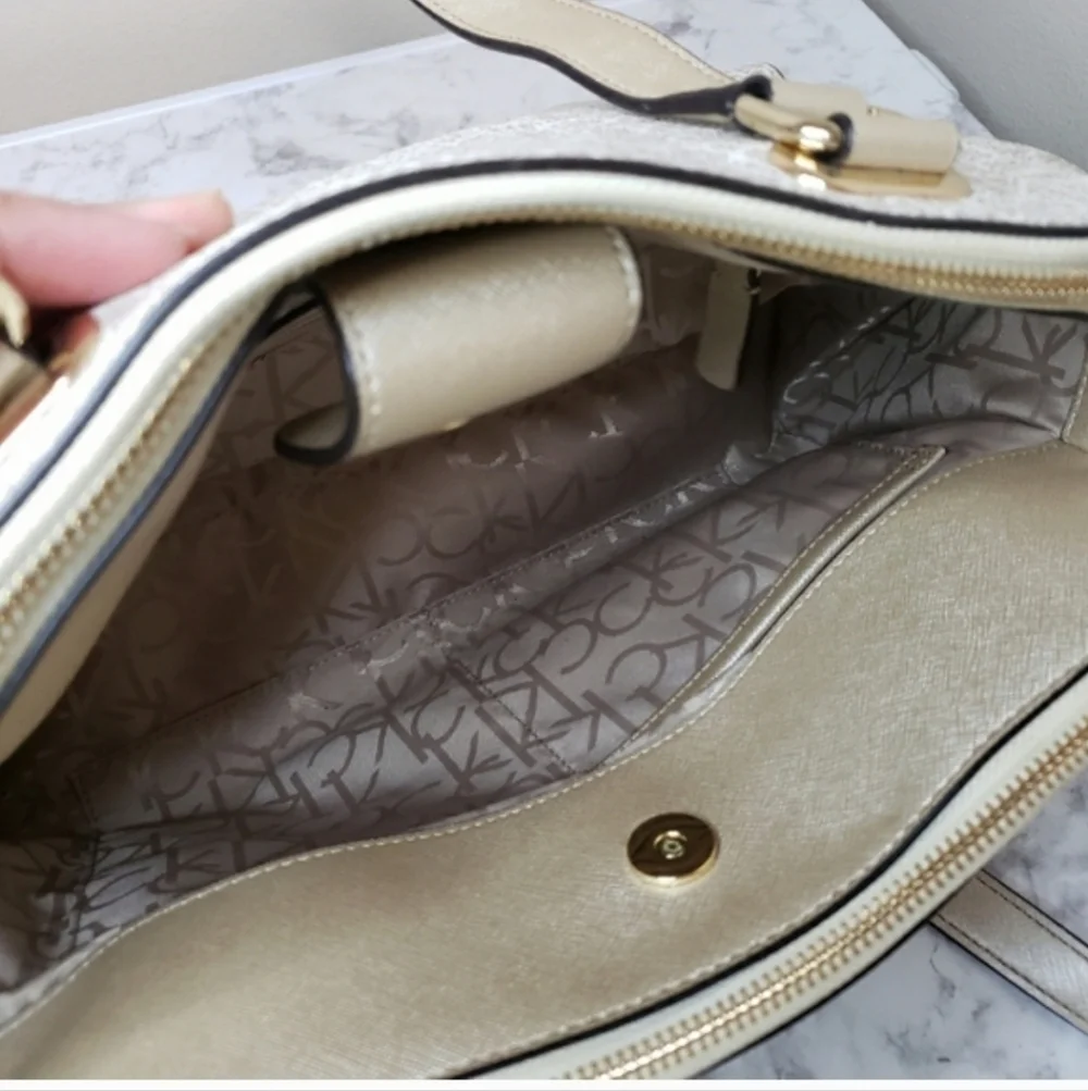 Calvin Klein Large Almond Monogram Satchel - Like New | Metallic Gold & Cream